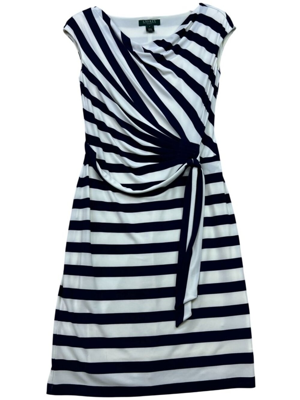 Ralph Lauren Women's Jersey Draped Cocktail Dress Cap Sleeve 4 Navy White Stripe